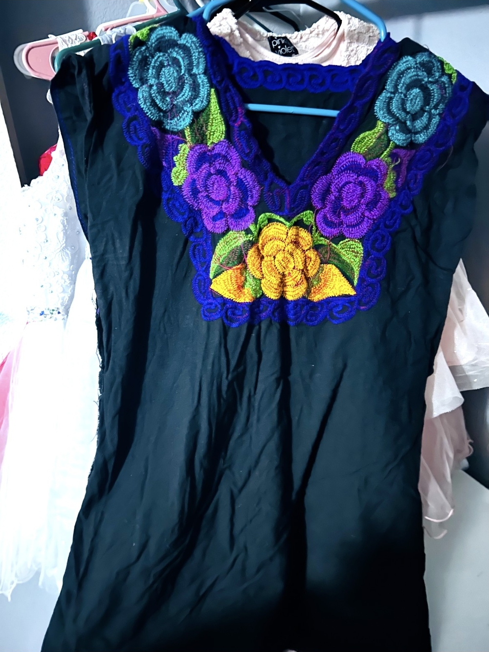 Hand-Embroidered Black Women's V-Neck Top with Colorful Floral. Mexican Style
